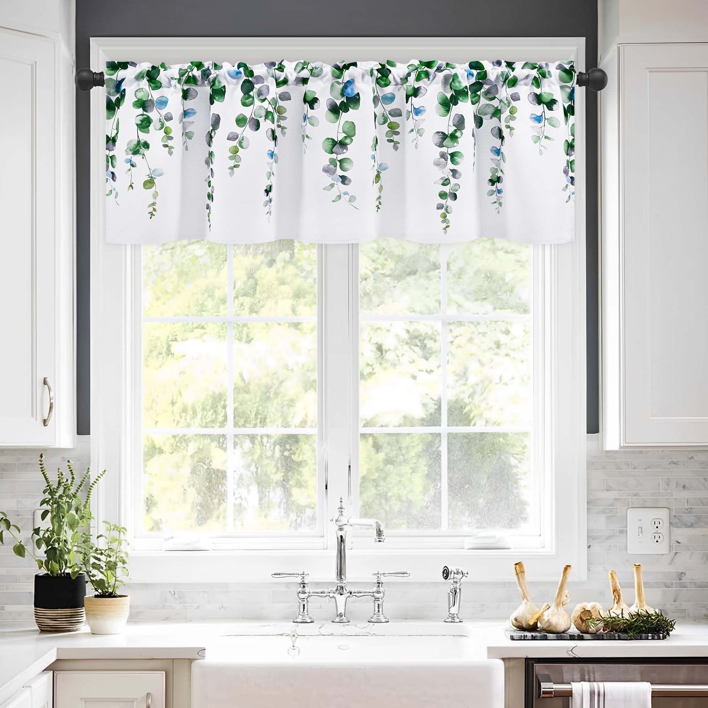 Alishomtll Valance Curtains for Living Room Bedroom Kitchen Windows Grey Green Watercolor Leaves Print ,52 x 18 inch,Rod Pocket