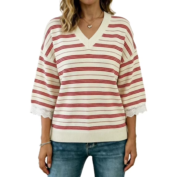 MecTo Womens Striped V-Neck Knit Sweater Lace Trim 3/4 Sleeve Casual Loose Fit Pullover Top