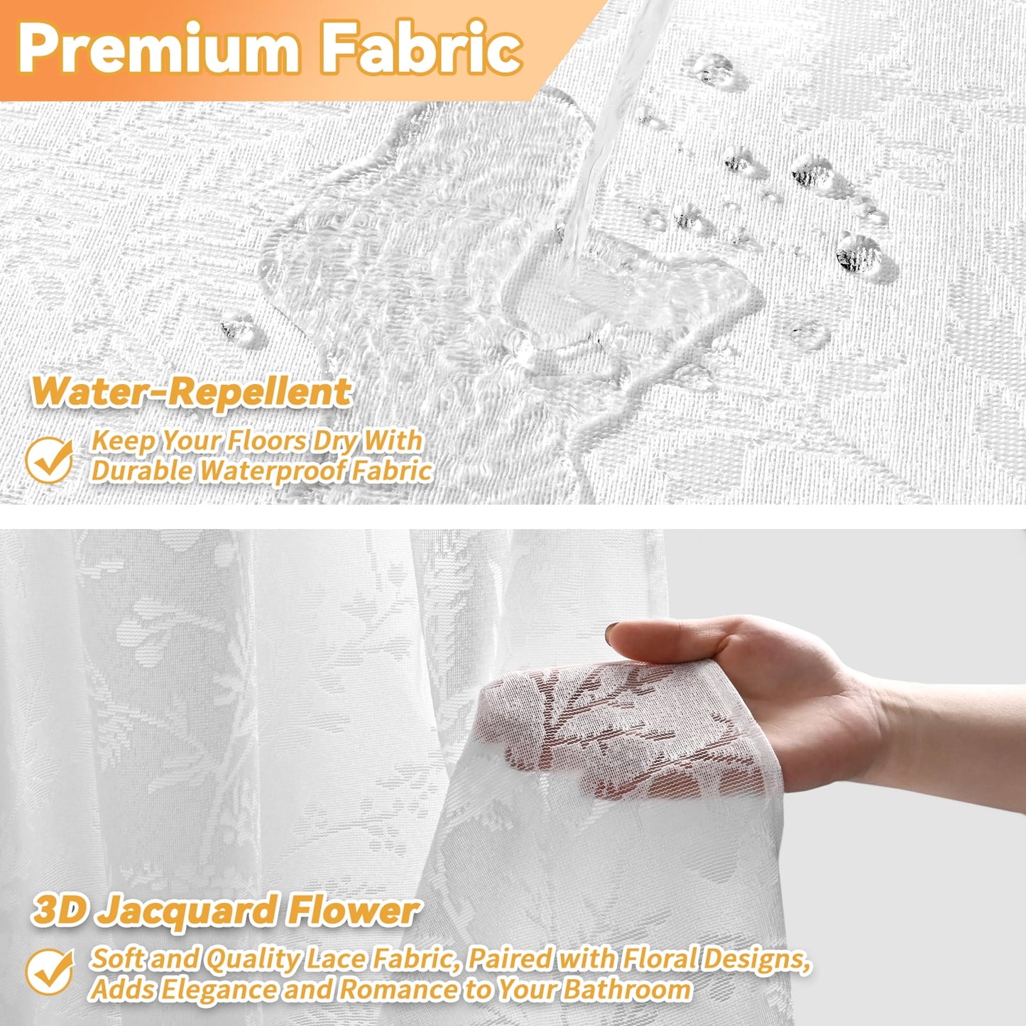 FRAMICS Vintage Lace Shower Curtain Sets with Rug and Hooks, Waterproof Fabric Semi Sheer Leaf Floral Bathroom Sets, Mold Resistant, White