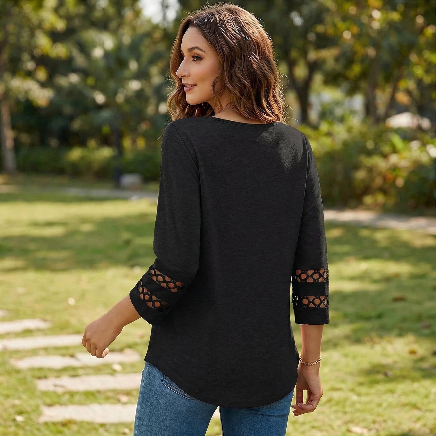 Gingprous 3/4 Sleeve Womens V-Neck Tunic Blouse Hollow Out Lace Sleeve Tops Curved Hem Casual Shirt