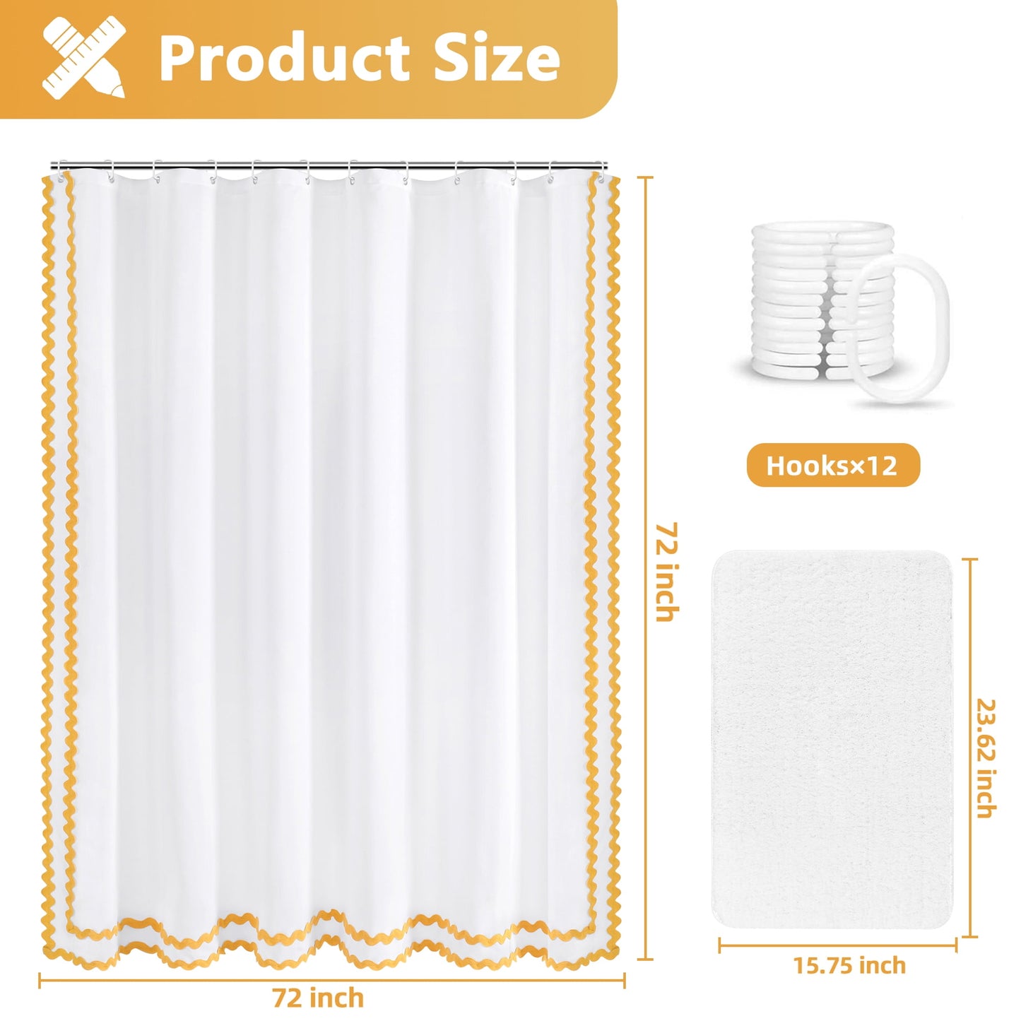 FRAMICS Yellow Scalloped Fabric Shower Curtain Sets with Rug, 14 Piece Bathroom Sets with Hooks, Slub Textured Heavy-Duty & Waterproof, 72" x 72"