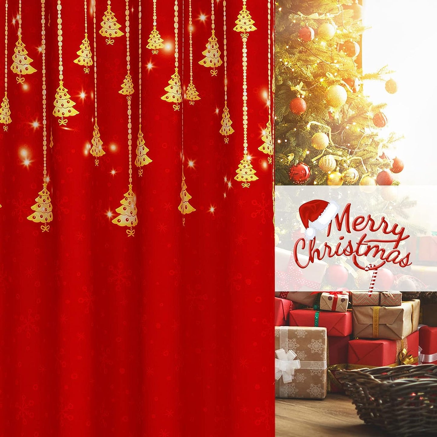 Alishomtll Christmas Curtains for Living Room Blackout Gold Christmas Tree Grommet Window Drapes , 52"W x84"L,Red ,2 Panels