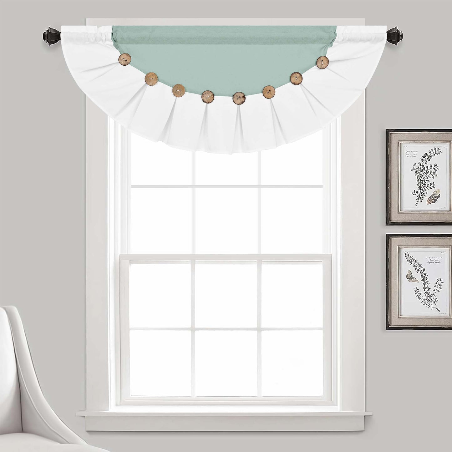 Alishomtll Linen Valance Farmhouse Boho Button Kitchen Curtains ,Rod Pocket,18"L x 52"W, Teal White