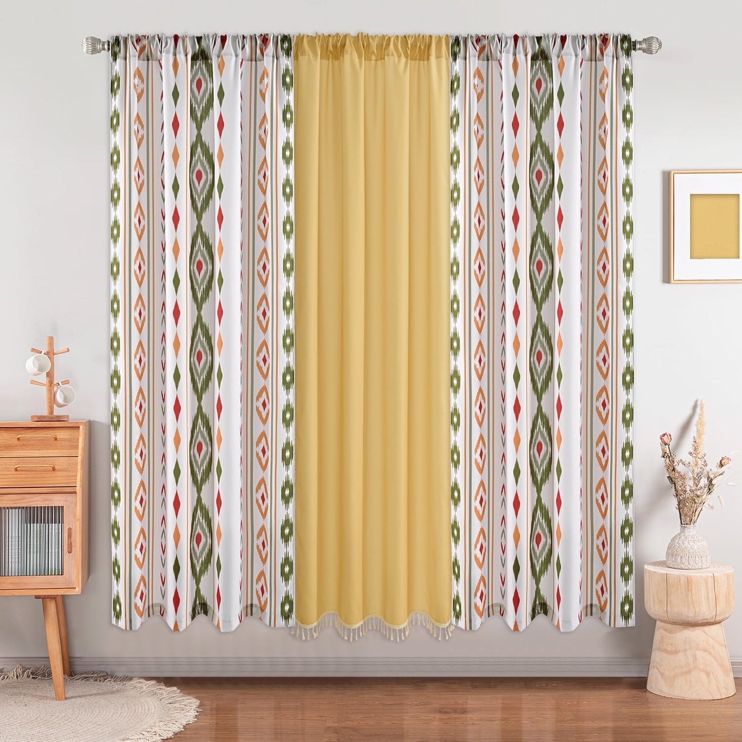 Invoibler Set of 3 Boho Curtains,60-65% Room Darkening Curtain，Window Drapes,3 Panel,Yellow-green&White