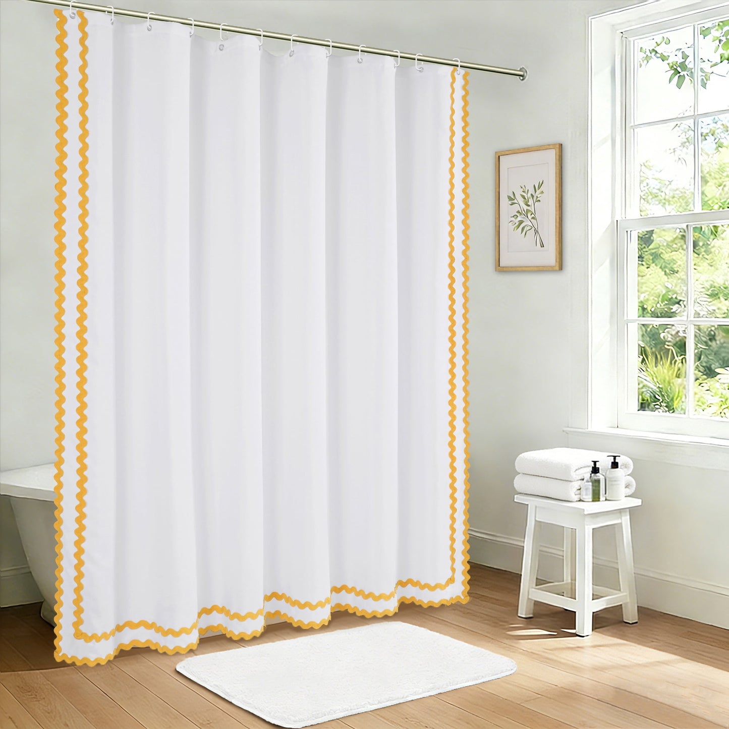 FRAMICS Yellow Scalloped Fabric Shower Curtain Sets with Rug, 14 Piece Bathroom Sets with Hooks, Slub Textured Heavy-Duty & Waterproof, 72" x 72"