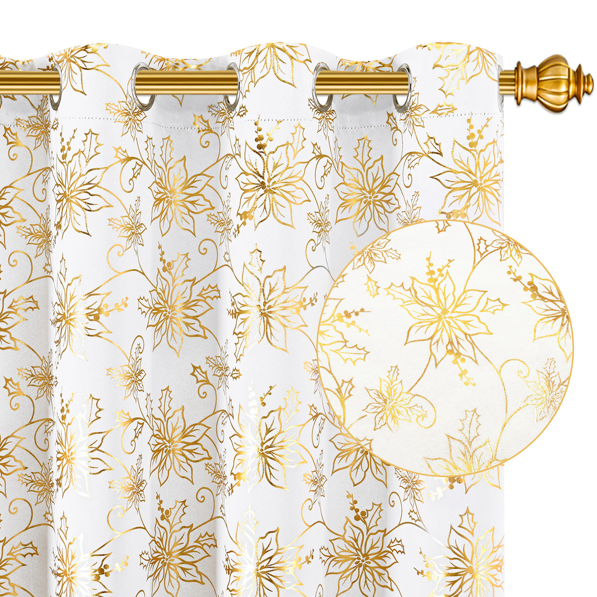 Alishomtll Red Christmas Blackout Curtains Golden Poinsettia Foil Print Room Darkening Window Drapes, 52" x 84"L, Set of 2 Panels