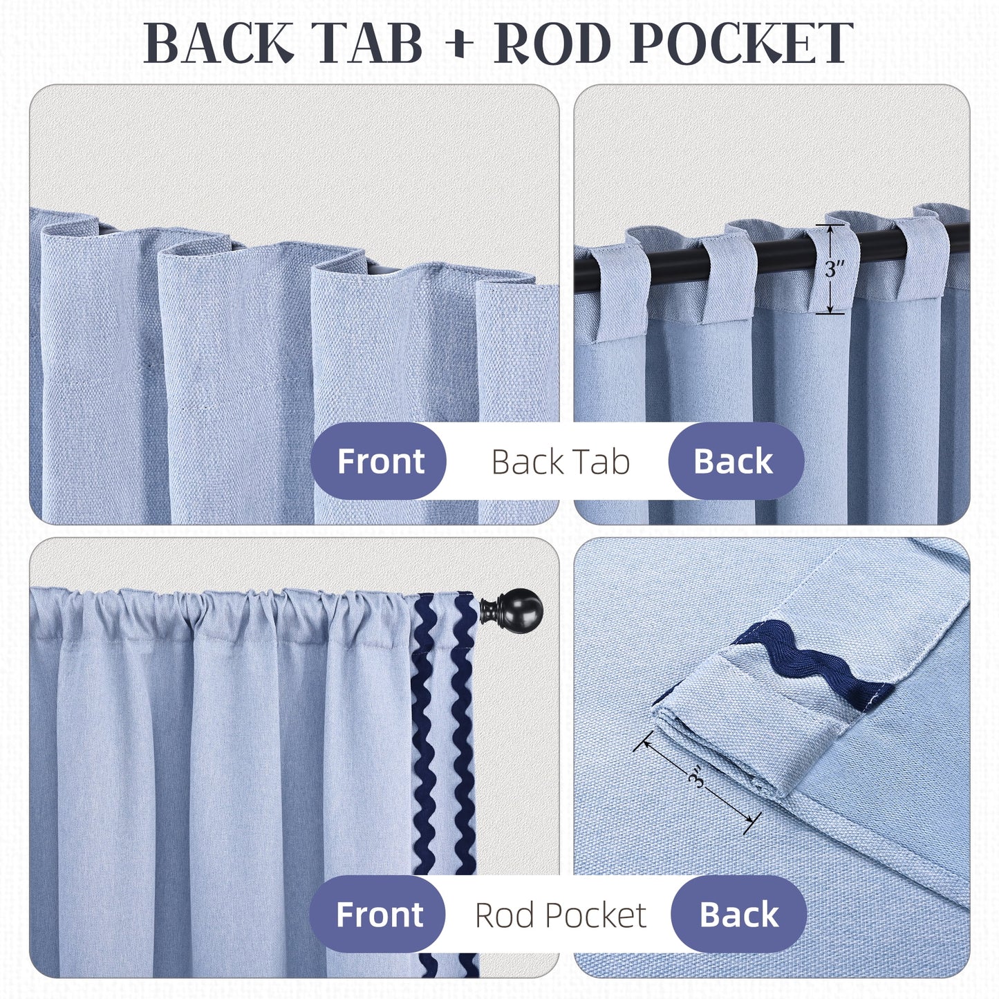 Alishomtll Blue Scalloped Rod Pocket Back Tab Blackout Curtains Set of 2,52"x 84",Thick Linen