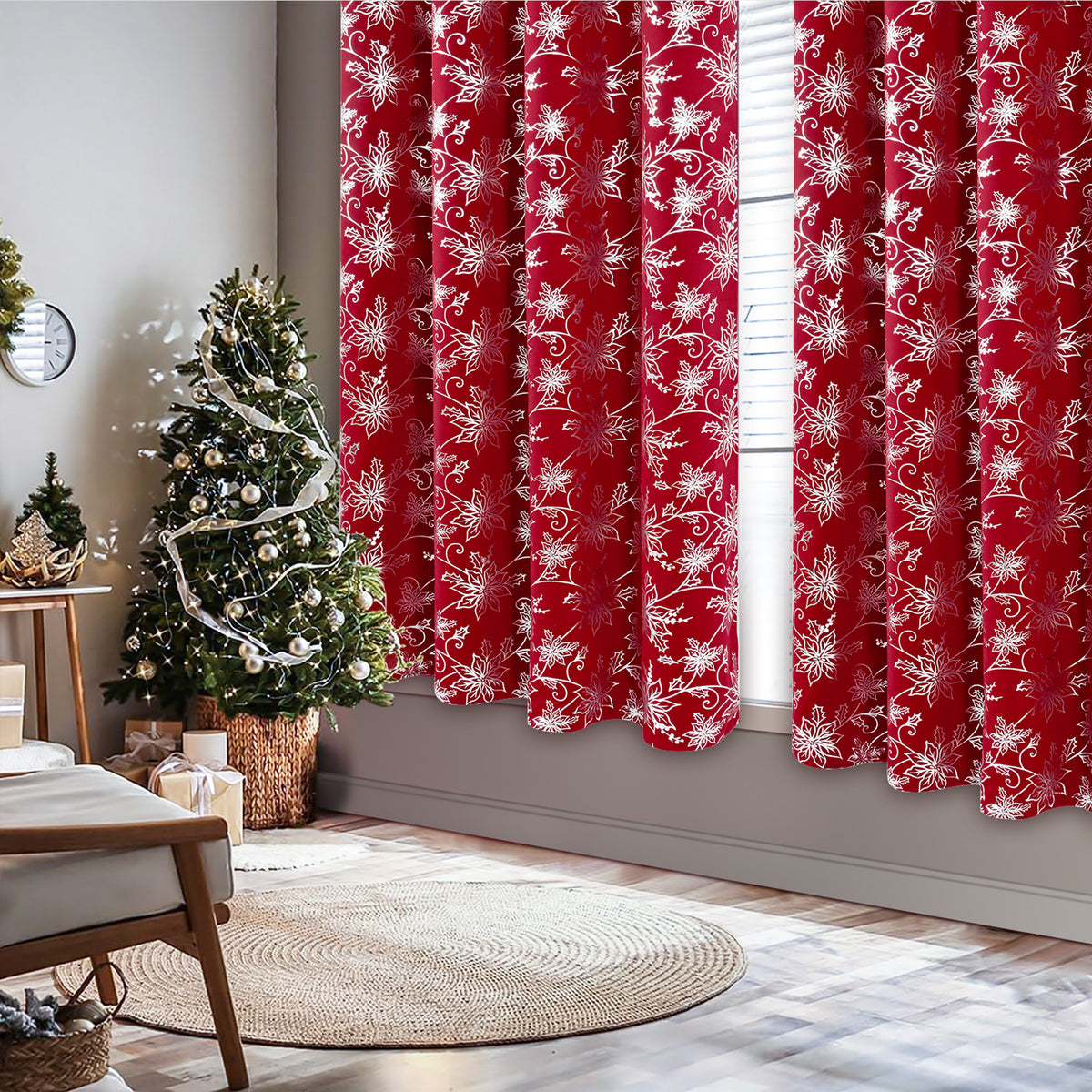 Alishomtll Red Christmas Blackout Curtains Golden Poinsettia Foil Print Room Darkening Window Drapes, 52" x 84"L, Set of 2 Panels