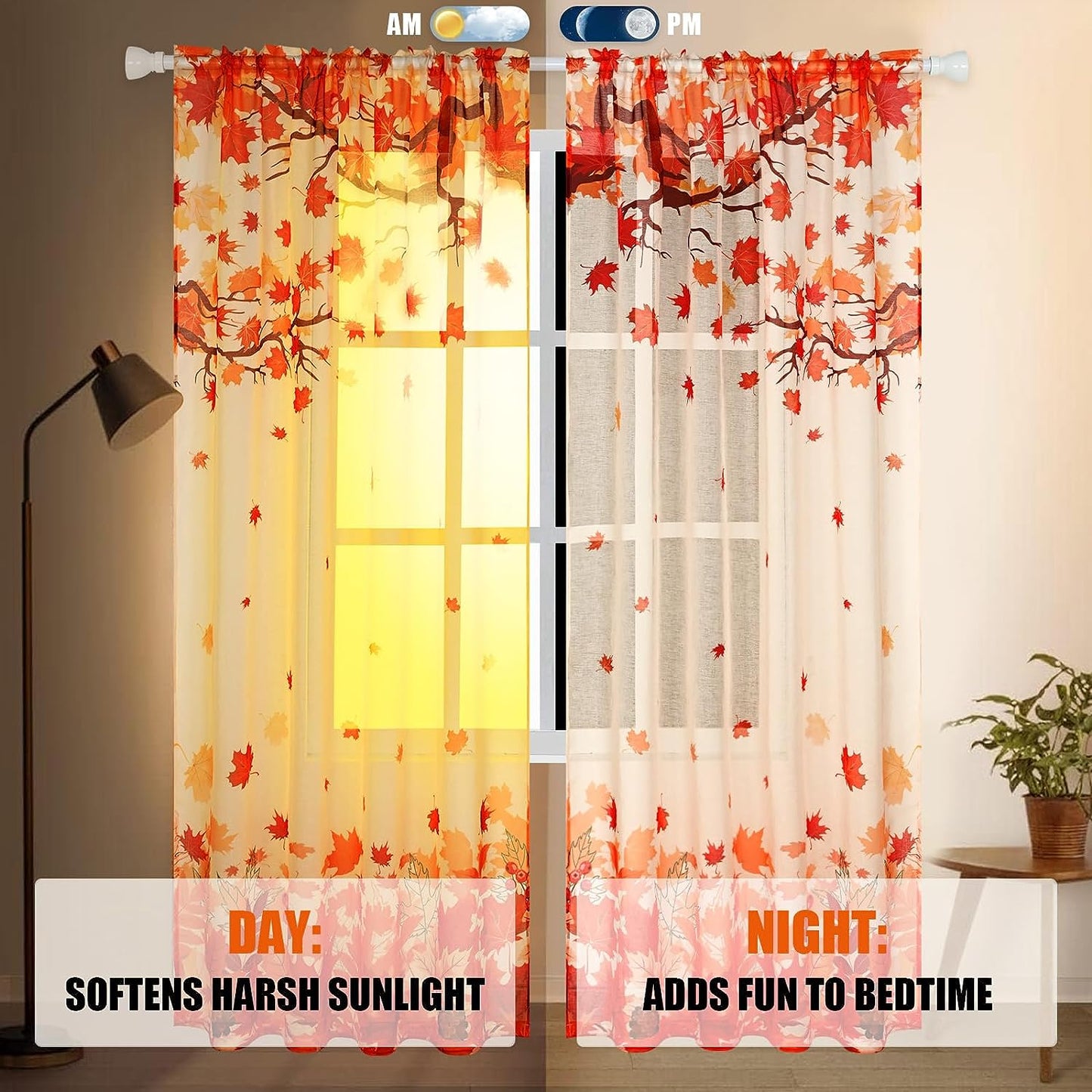Alishomtll Thanksgiving Fall Curtains for Living Room Semi Sheer Voile Maple Leaves Window Drapes ,2 Panels,52"W × 63"L,Rod Pocket