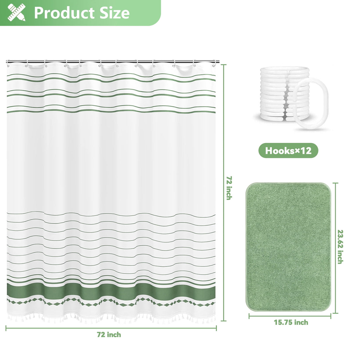 FRAMICS Striped Tassel Shower Curtain Sets with Bath Rug, Boho Farmhouse Water-Repellent Fabric Bathroom Sets with Hooks, Slub Textured Design, 72" x 72", Sage Green