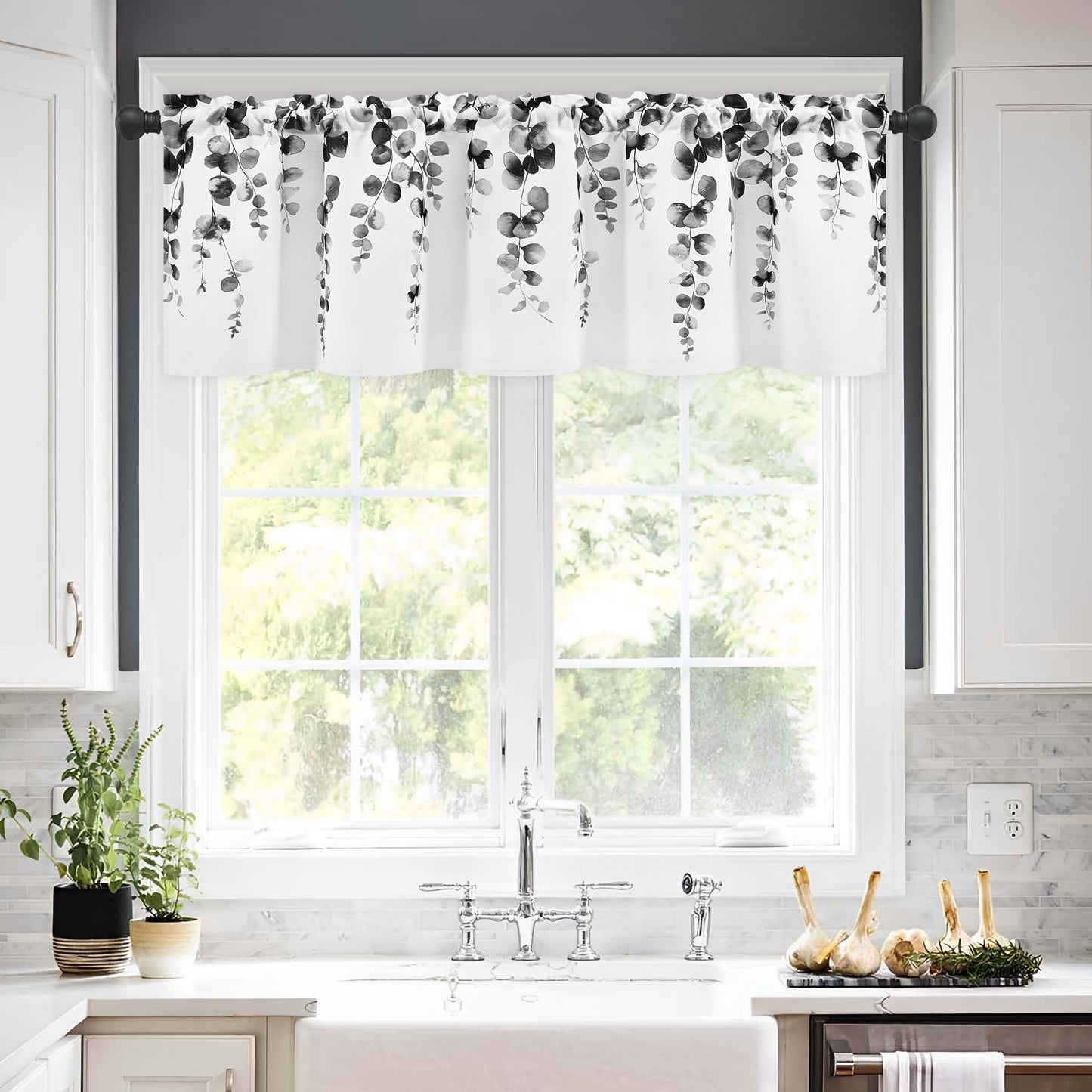 Alishomtll Valance Curtains for Living Room Bedroom Kitchen Windows Grey Watercolor Leaves Print ,52 x 18 inch,Rod Pocket
