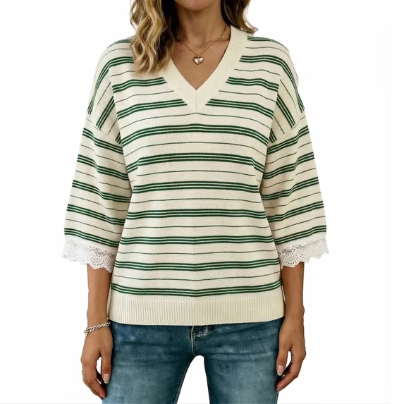 MecTo Womens Striped V-Neck Knit Sweater Lace Trim 3/4 Sleeve Casual Loose Fit Pullover Top