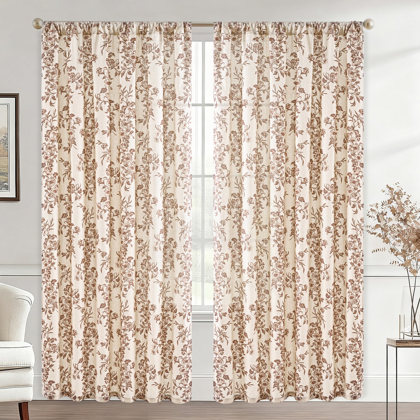 Alishomtll Floral Curtains for Living Room Farmhouse Country Linen Curtains Light Filtering Window Drapes,Brown ,52"x84", 2 Panels