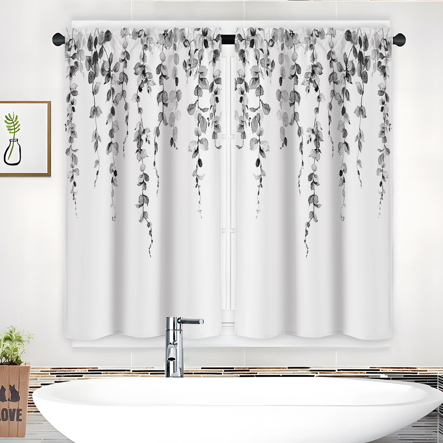 Alishomtll Kitchen Curtains Grey Watercolor Leaves Print Tier Windows Drapes Sets 36 Inch ,Rod Pocket