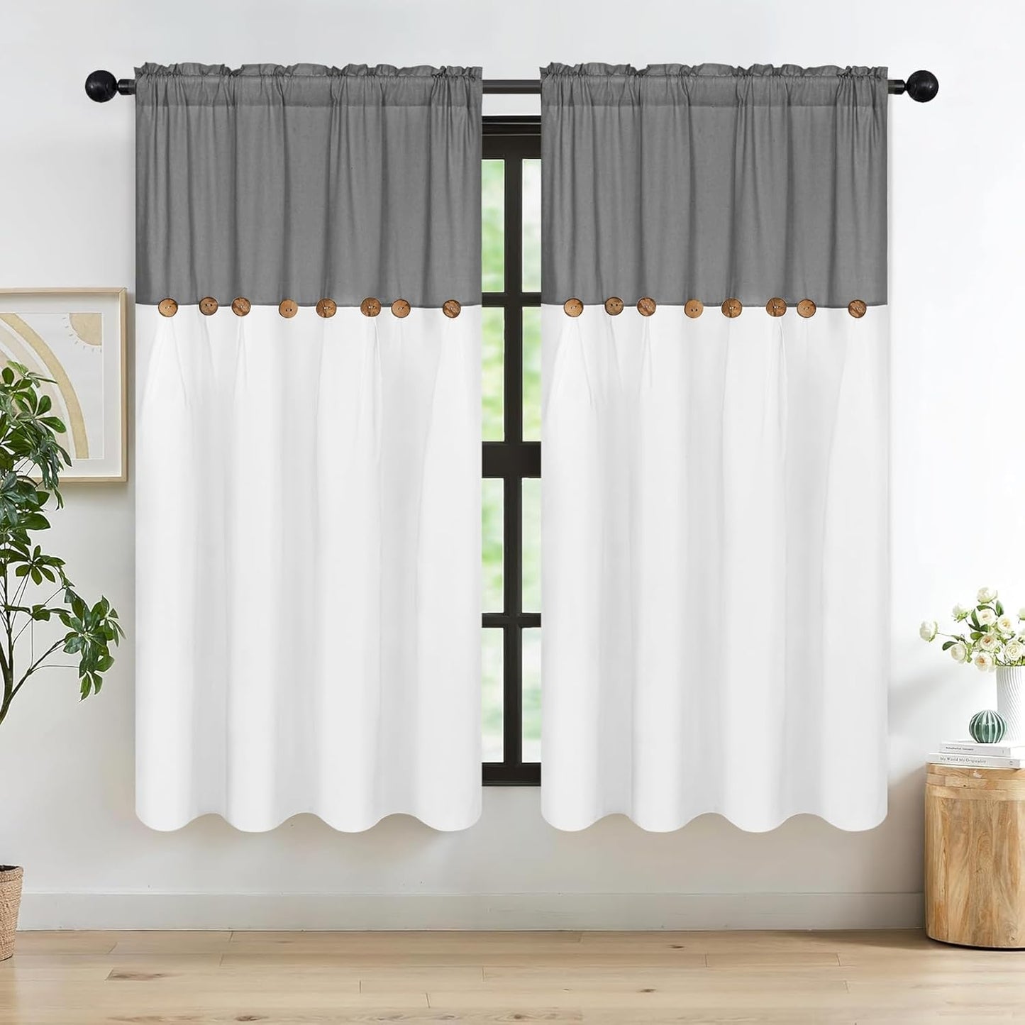 Alishomtll Linen Curtains Farmhouse Boho Button Light Filtering Window Drapes For Living Room Bedroom,Rod Pocket,63"L x 52"W, 2 Panel,Gray White