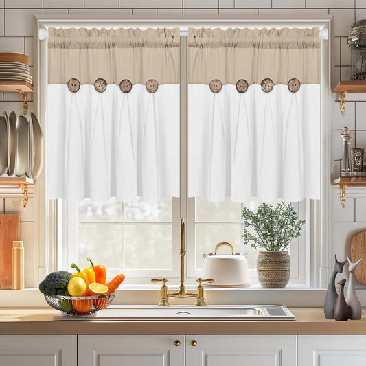 Alishomtll Linen Kitchen Curtains 24 inch Farmhouse Boho Button Light Filtering Window Drapes,Rod Pocket,24"L x 26"W, 2 Panel,White Linen
