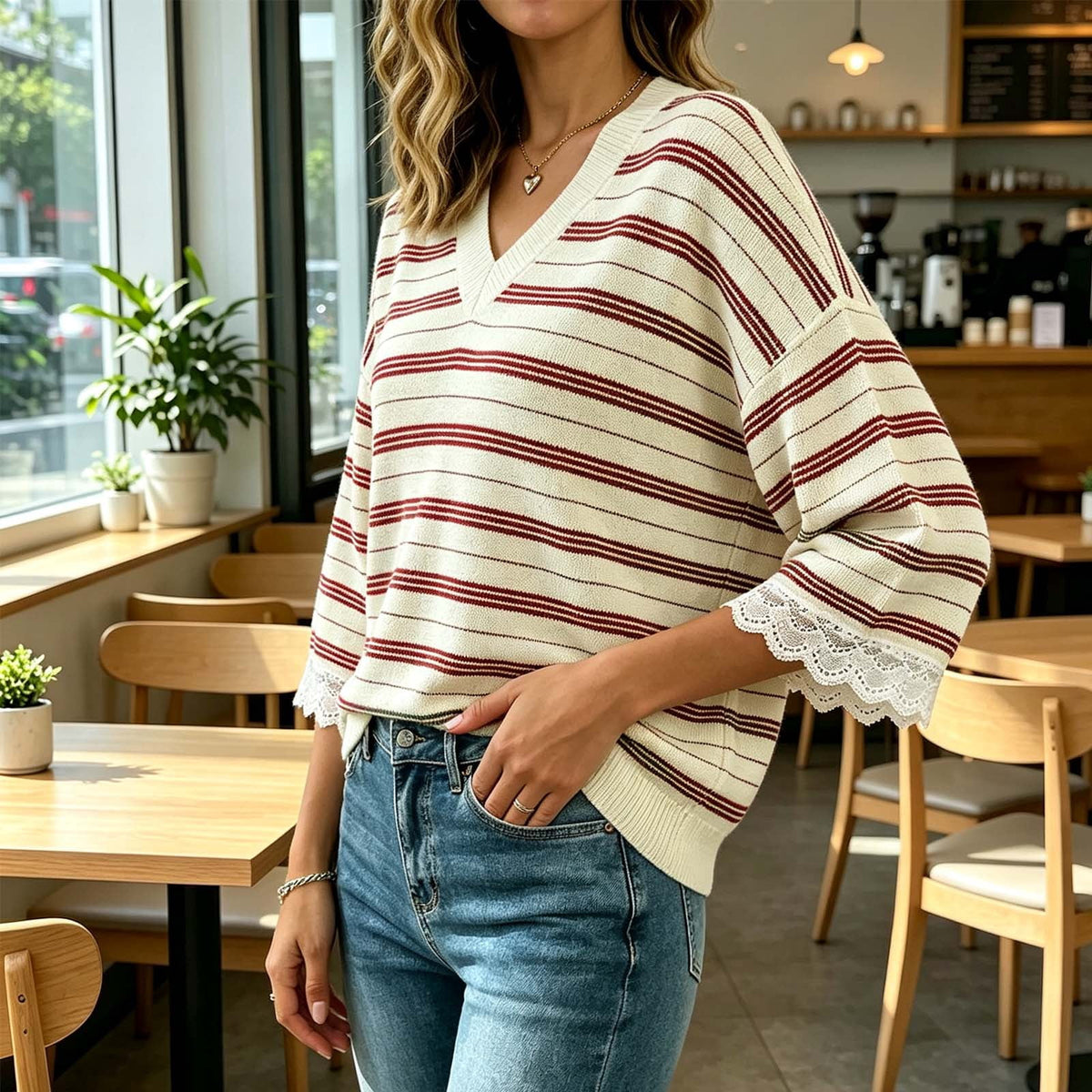 MecTo Womens Striped V-Neck Knit Sweater Lace Trim 3/4 Sleeve Casual Loose Fit Pullover Top