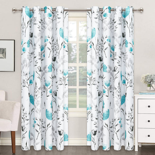 Alishomtll Watercolor Gray Teal Floral Window Curtains for Living Room Light-filtering Grommet Drapes, 52"x 63",Set of 2