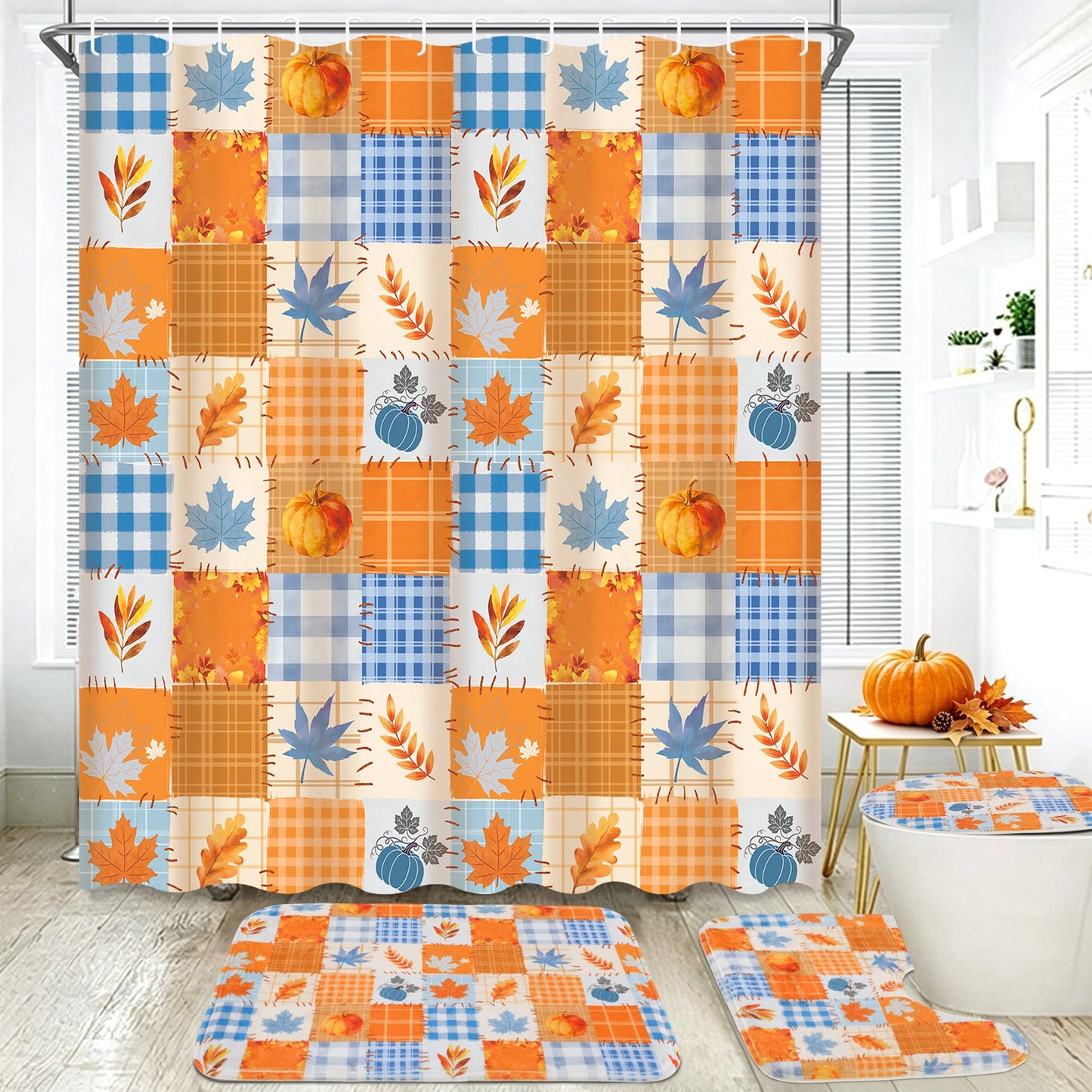 FRAMICS Thanksgiving Plaid Pumpkin Shower Curtain Sets with Rugs, 16-Piece Fall Leaves Bathroom Sets with Hooks, Waterproof Fabric Orange Blue Bathroom Decor Set