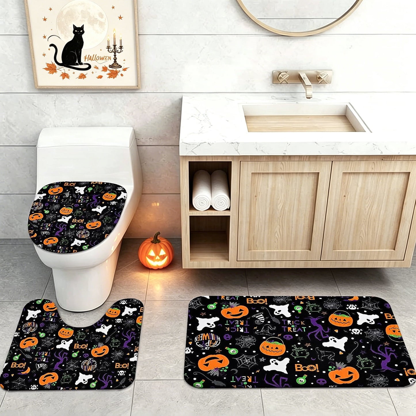 FRAMICS Halloween Shower Curtain Sets with Rugs, 16 Pc Pumpkin Spooky Ghost Bathroom Sets, Black Waterproof Fabric Shower Curtain with 12 Hooks and Toilet Rugs