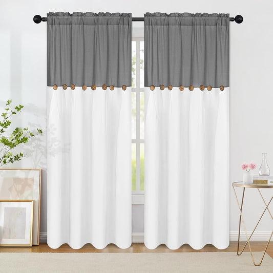 Alishomtll Linen Curtains Farmhouse Boho Button Light Filtering Window Drapes For Living Room Bedroom,Rod Pocket,84"L x 52"W, 2 Panel,Gray White