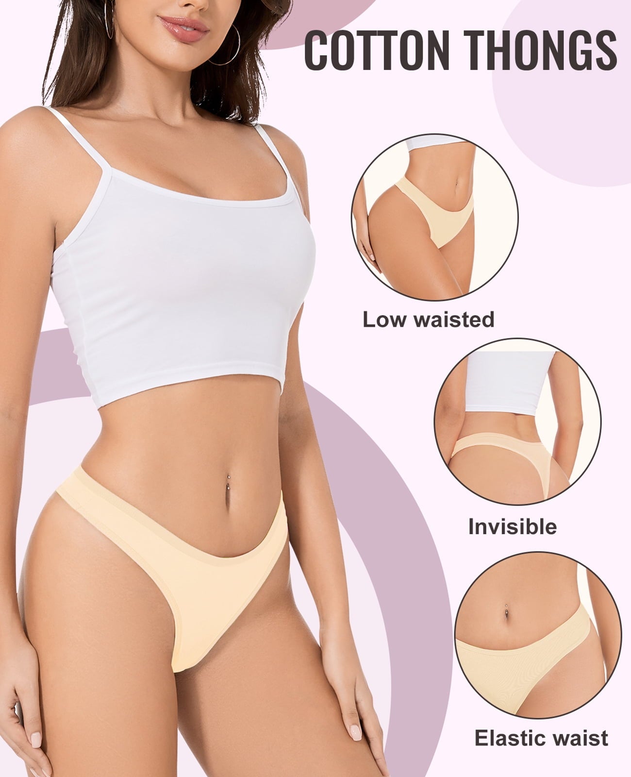 MecTo Womens Cotton Thongs 6-Pack, No Show Underwear for Women, Low Rise Thong Panties