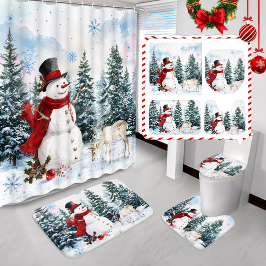 FRAMICS Christmas Snowman Shower Curtain Sets with Rugs, 16 Pcs Winter Pine Forest Deer Bathroom Sets, Waterproof Fabric Bathroom Curtain for Home Holiday Decor with Hooks