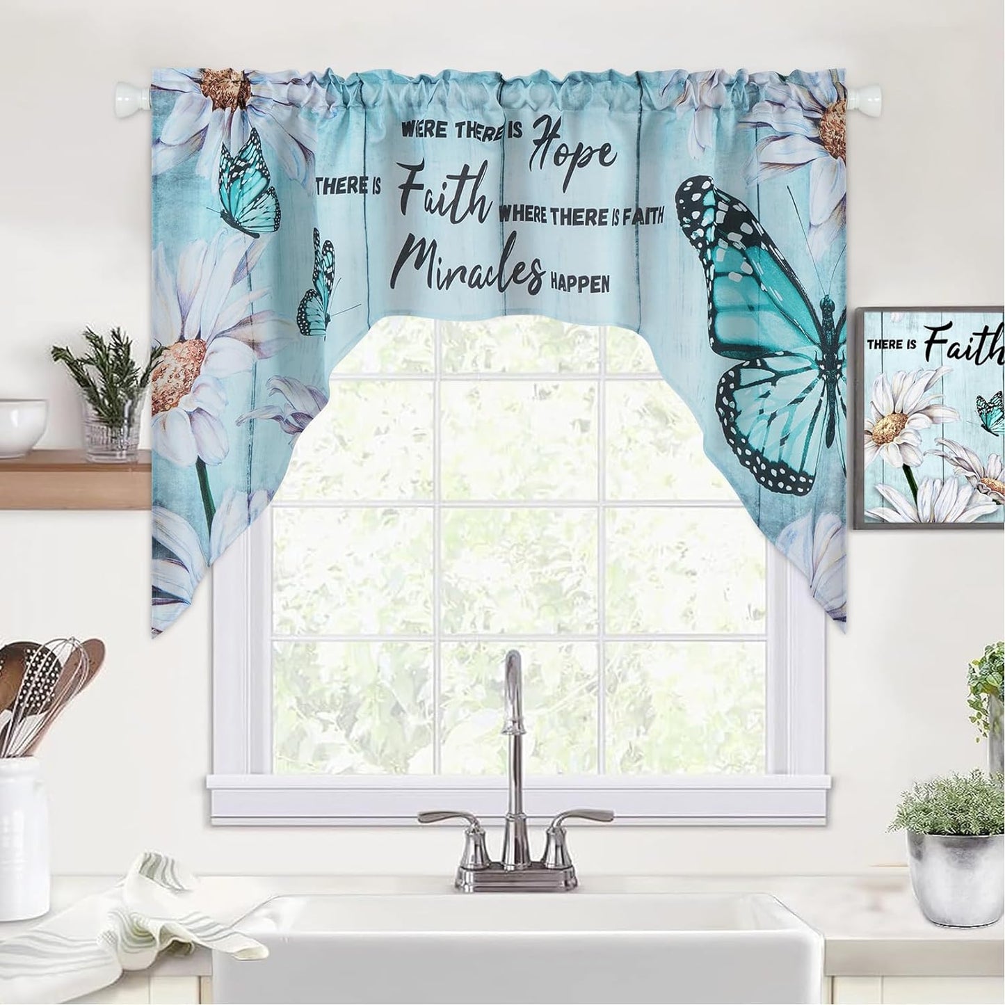 Alishomtll Kitchen Curtains Valances Swags for Windows Butterfly Floral Printed Window Drapes,61" W x 36" L,Rod Pocket,Teal