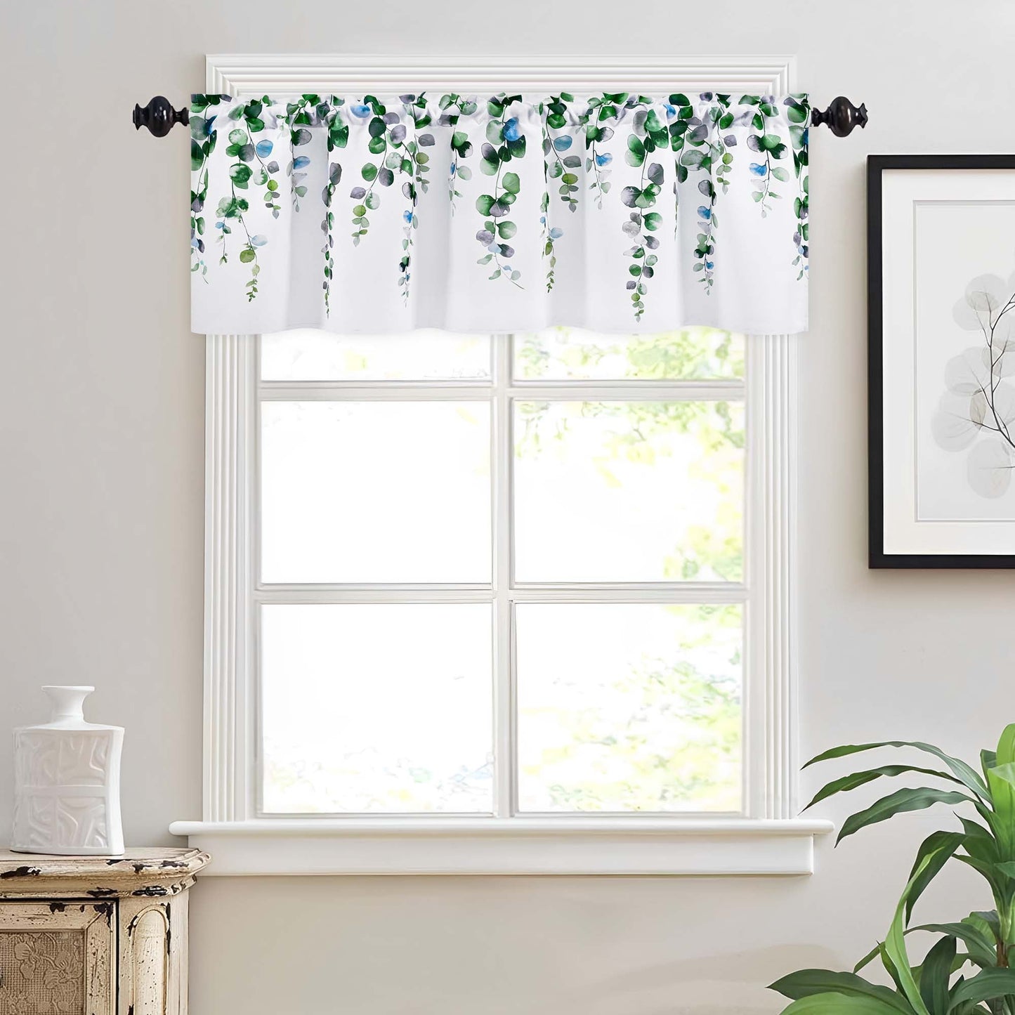 Alishomtll Valance Curtains for Living Room Bedroom Kitchen Windows Grey Green Watercolor Leaves Print ,52 x 18 inch,Rod Pocket