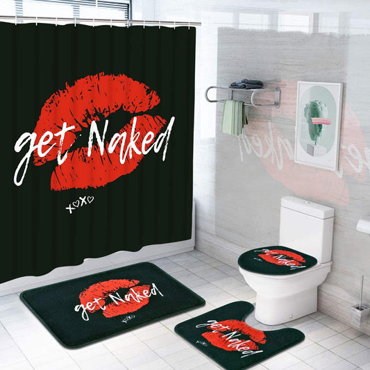 FRAMICS Red Sexy Lips Shower Curtain and Rug Sets, 16-Piece Get Naked Bathroom Shower Curtain Sets, Waterproof Fabric Shower Curtain with 12 Hooks and Toilet Rugs