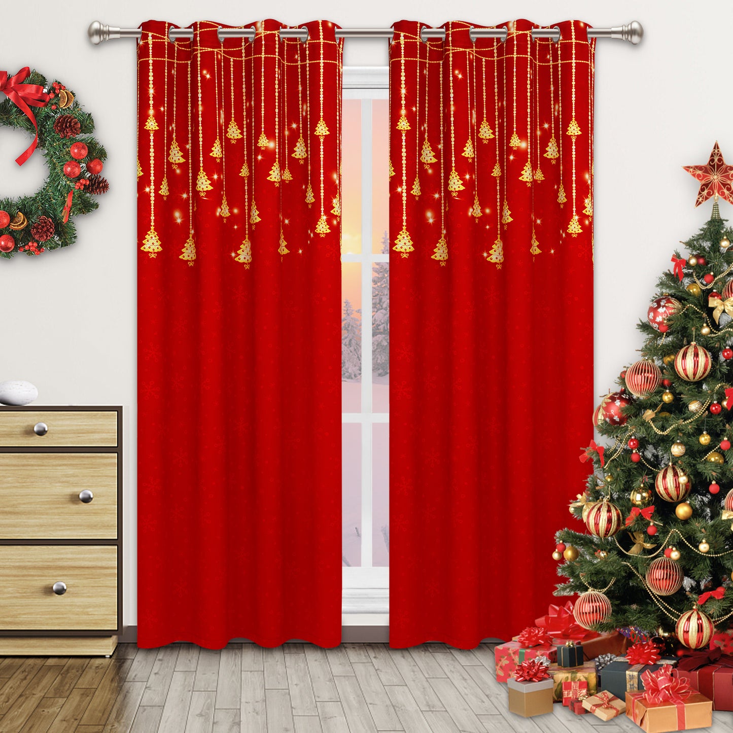 Alishomtll Christmas Curtains for Living Room Blackout Gold Christmas Tree Grommet Window Drapes , 52"W x84"L,Red ,2 Panels