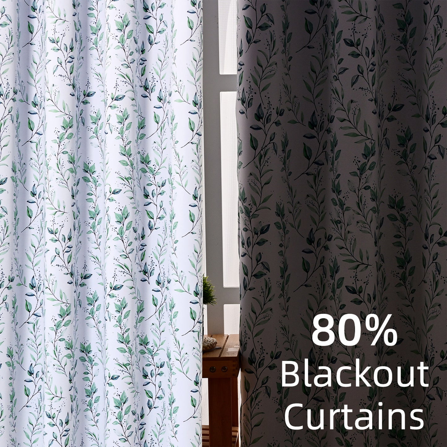 Alishomtll Blackout Curtains Green Leaf Printed Thermal Insulated Window Drapes for Bedroom Living Room 63 Inches Long,52" Wide, 2 Panels