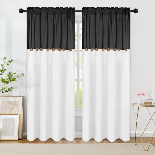 Alishomtll Linen Curtains Farmhouse Boho Button Light Filtering Window Drapes For Living Room Bedroom,Rod Pocket,84"L x 52"W, 2 Panel,Black White