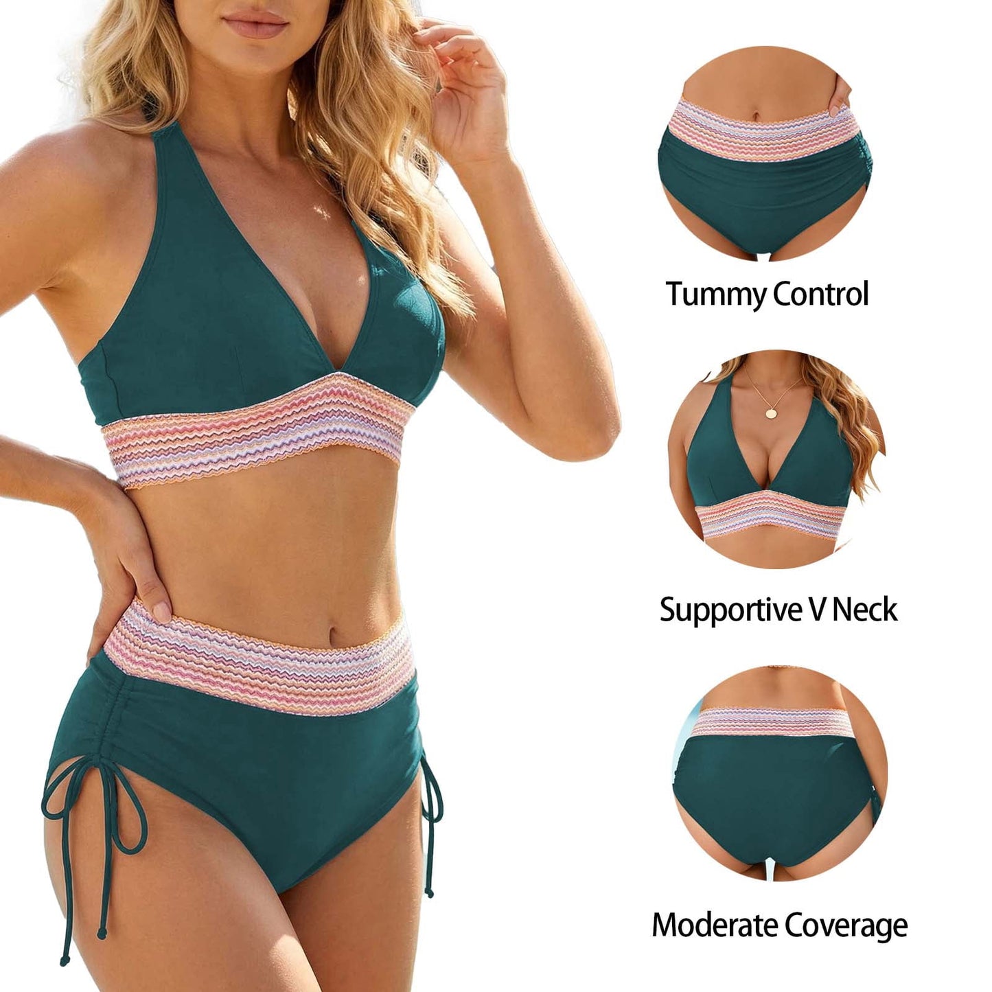 MecTo Women's High Waisted Bikini Sets, Tummy Control Halter 2 Piece Bathing Suits for Women, Side Drawstring Swimsuits for Summer Beach Pool Vacation