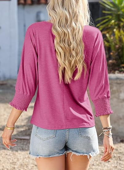 Gingprous 3/4 Sleeve Blouse for Women Smocked Cuffs Tee Tops Loose Casual Tee Shirt