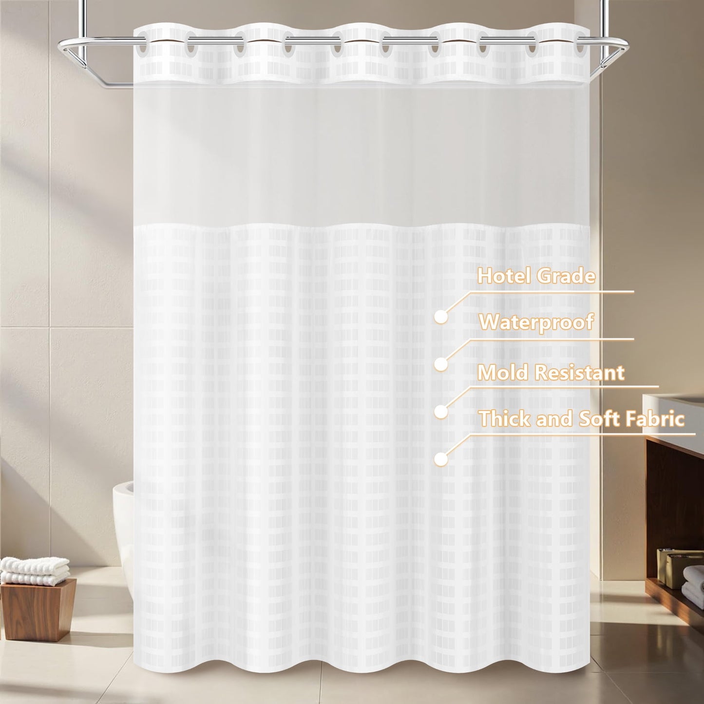 FRAMICS No Hook Shower Curtain Sets with Rug, Checkered Textured Waterproof Fabric Bathroom Sets with with Mesh Top Window, Hotel Grade, White, 70.9" x 74.8"