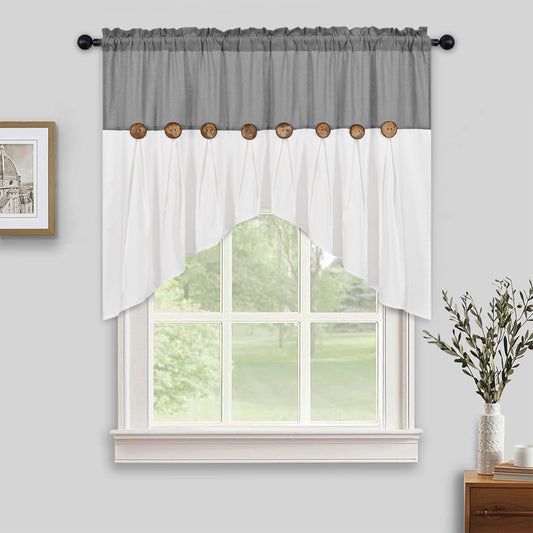Alishomtll Linen Valance Farmhouse Boho Button Kitchen Curtains ,Rod Pocket,36"L x 52"W, Gray White