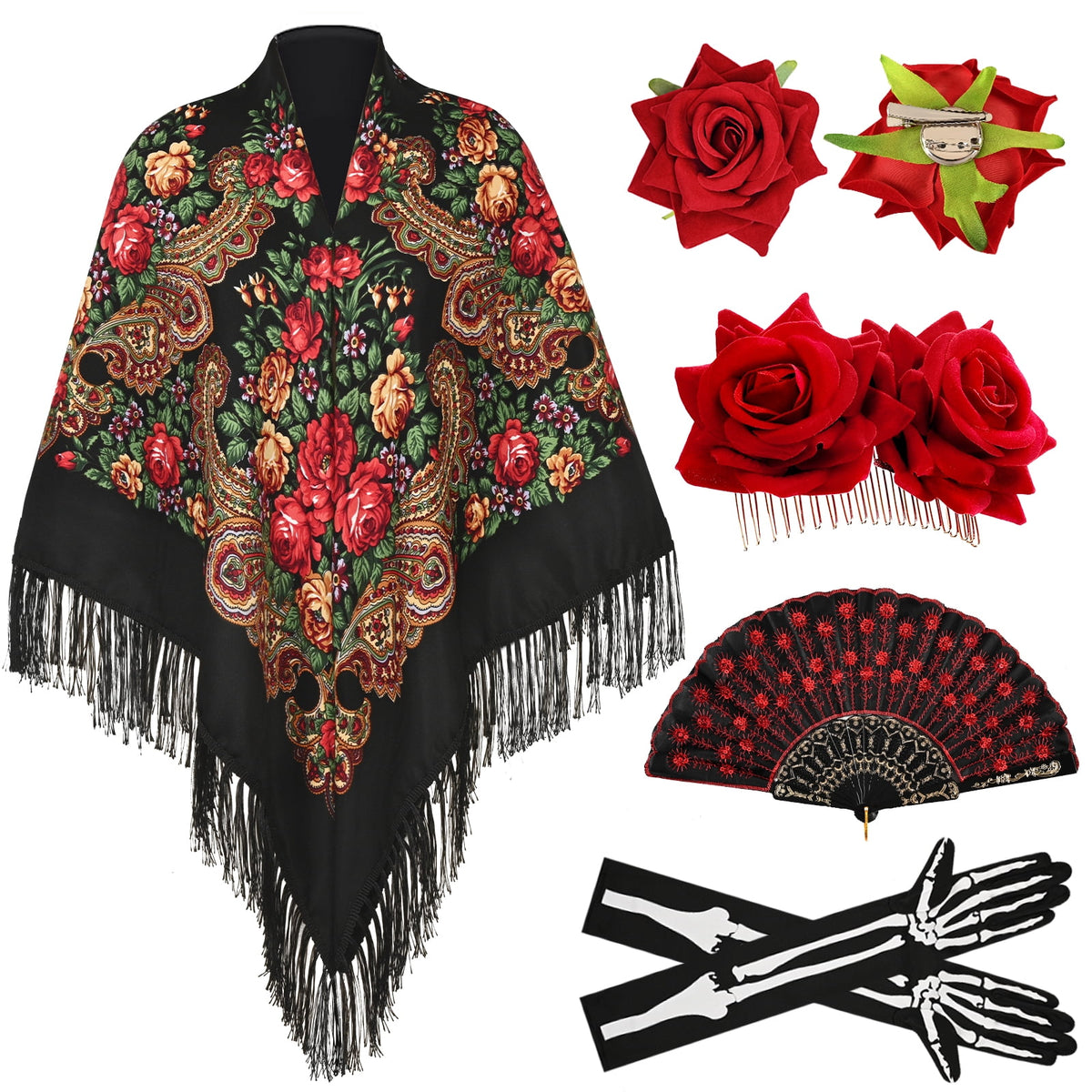 MARTINE MALL 7 Pcs Traditional Mexican Tassel Shawl, Day of the Dead Costumes for Women, Halloween Costume with Flower Hair Clips, Folding Fan, Skeleton Gloves, Temporary Face Tattoos