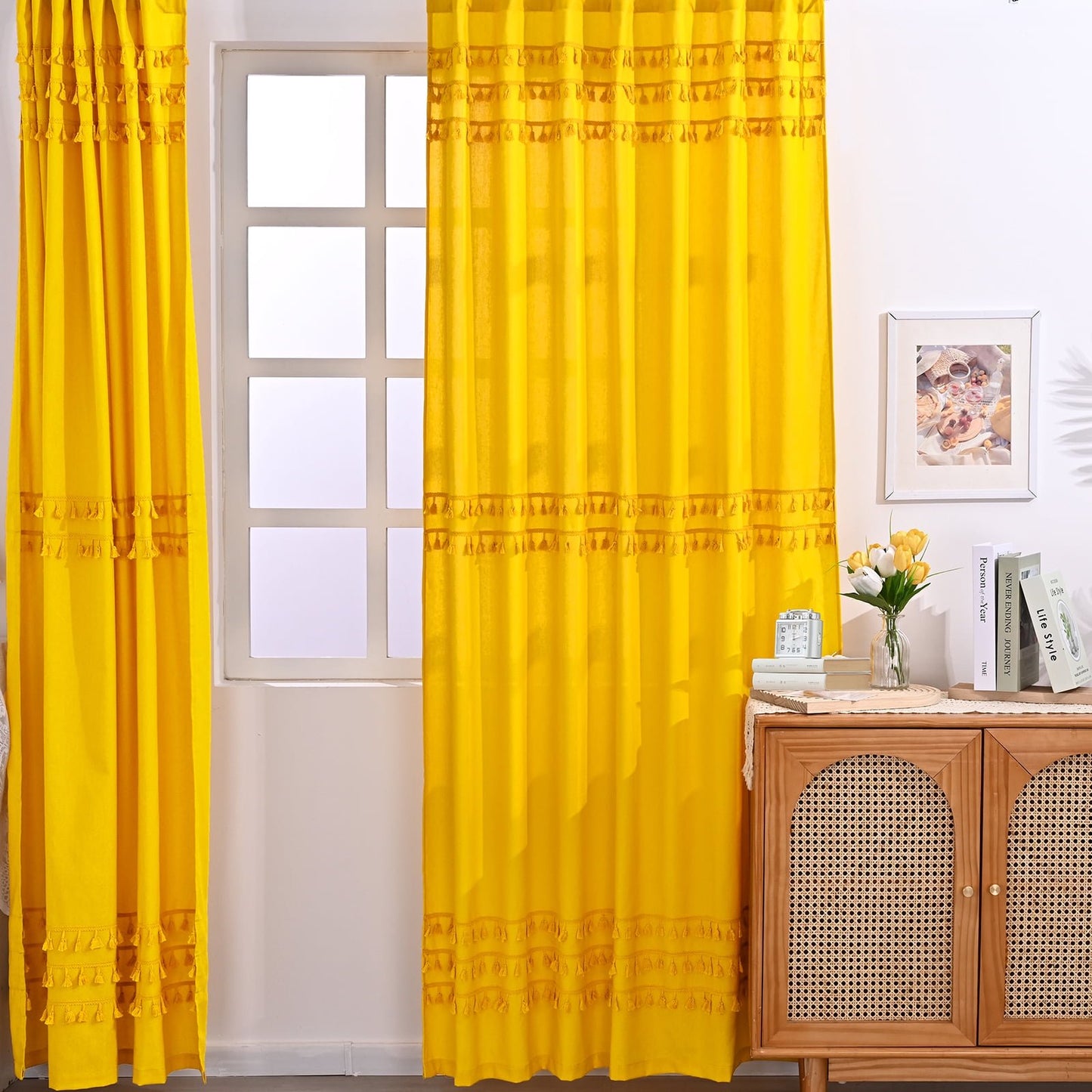 Alishomtll Boho Curtains for Living Room Semi Blackout Curtains with 8 Tassel Window Drapes Back Tab ,Mustard Yellow，52"Wx63"L，2 Panels