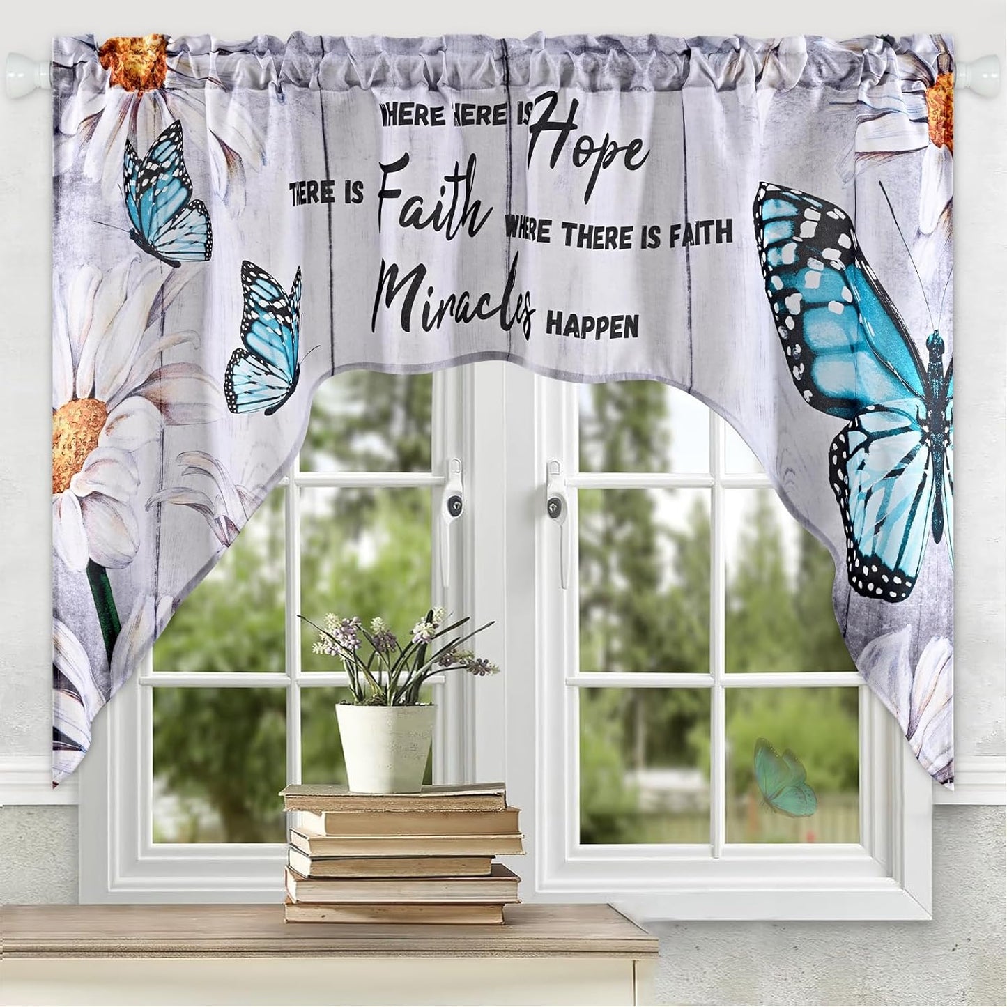 Alishomtll Kitchen Curtains Swags for Windows Butterfly Floral Printed Window Drapes,28" W x 36" L,2 Panels，Rod Pocket,Gray
