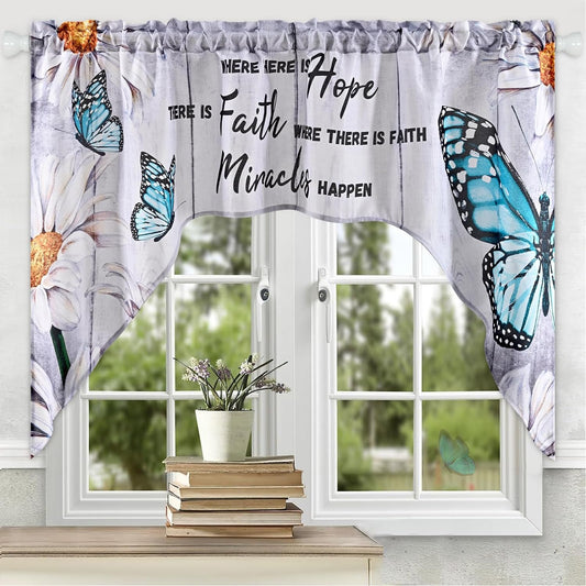 Alishomtll Kitchen Curtains Swags for Windows Butterfly Floral Printed Window Drapes,28" W x 36" L,2 Panels，Rod Pocket,Gray