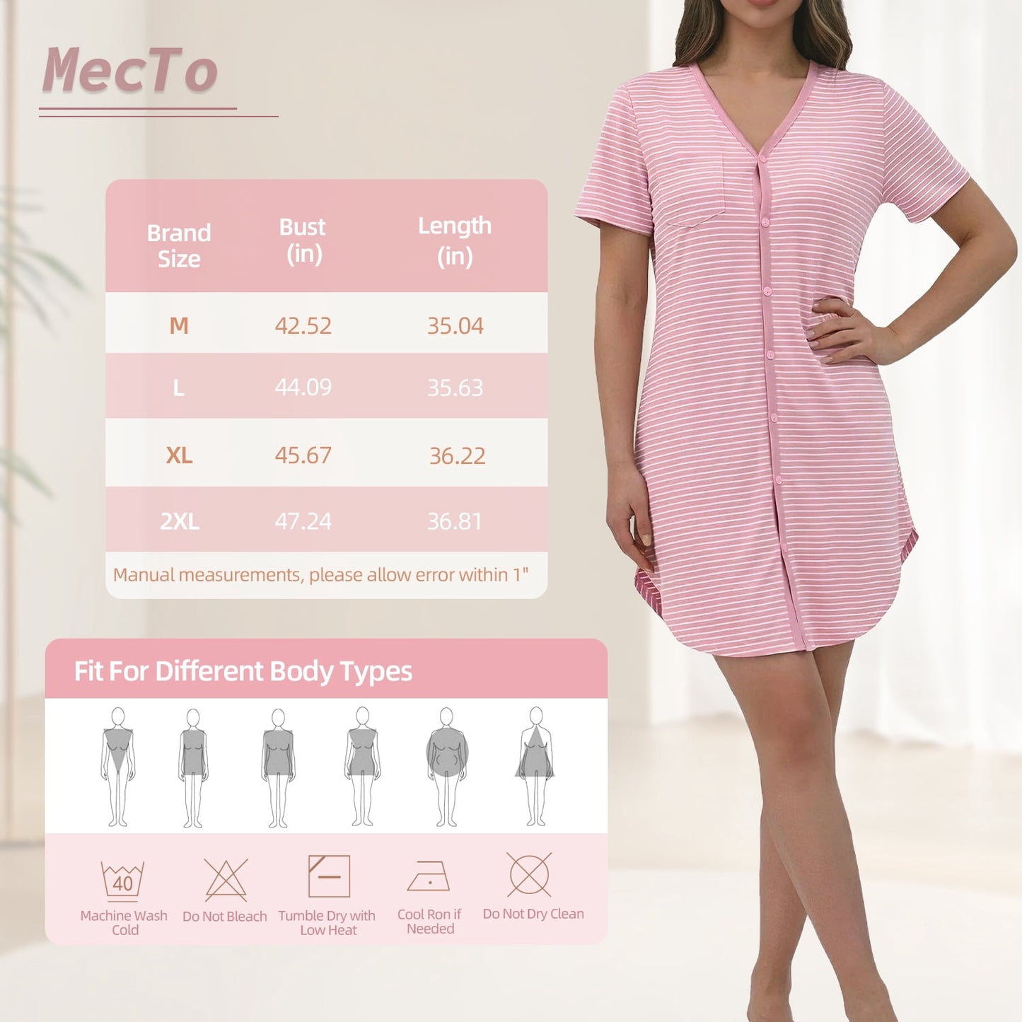 MecTo Women's Soft Cotton Nightgown, Short Sleeve V-Neck Button Down Sleepshirt with Pockets, Casual Striped Night Gowns for Women