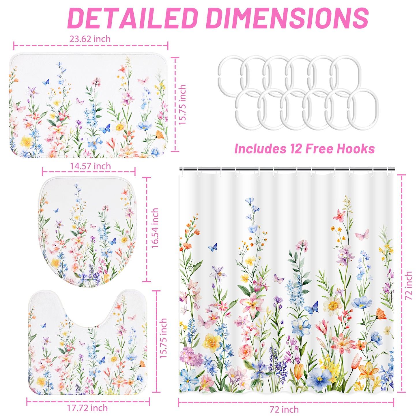 FRAMICS 16-Piece Floral Shower Curtain Sets with Rugs, Watercolor Wildflower Bathroom Sets with Hooks, Waterproof Fabric Bathroom Curtain, Machine Washable