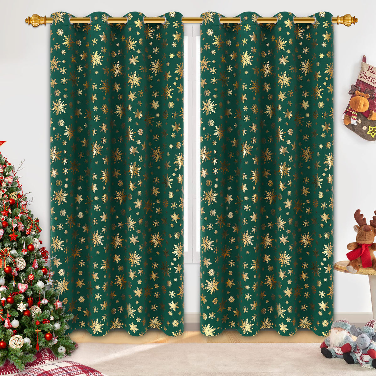 Alishomtll Red Christmas Curtains for Living Room Blackout Golden Snowflake Foil Pattern Room Darkening Window Drapes Holiday Xmas Decor, 52" x 84"L, Set of 2 Panels