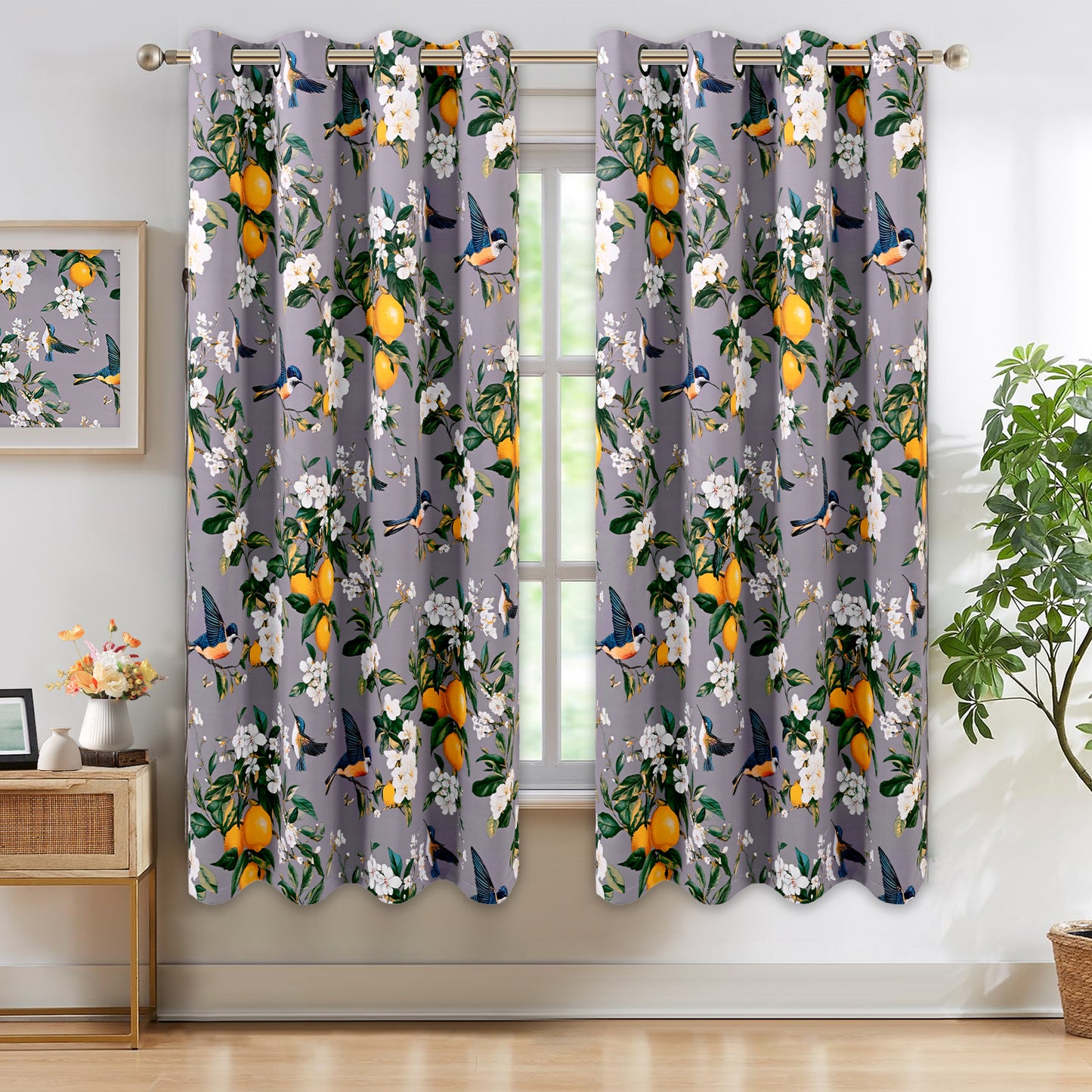 Alishomtll Floral Lemon Hummingbird Blackout Curtains Room Darkening Grommet Window Drapes for Living Room , 52"x63", ,Set of 2 Panels,Grey