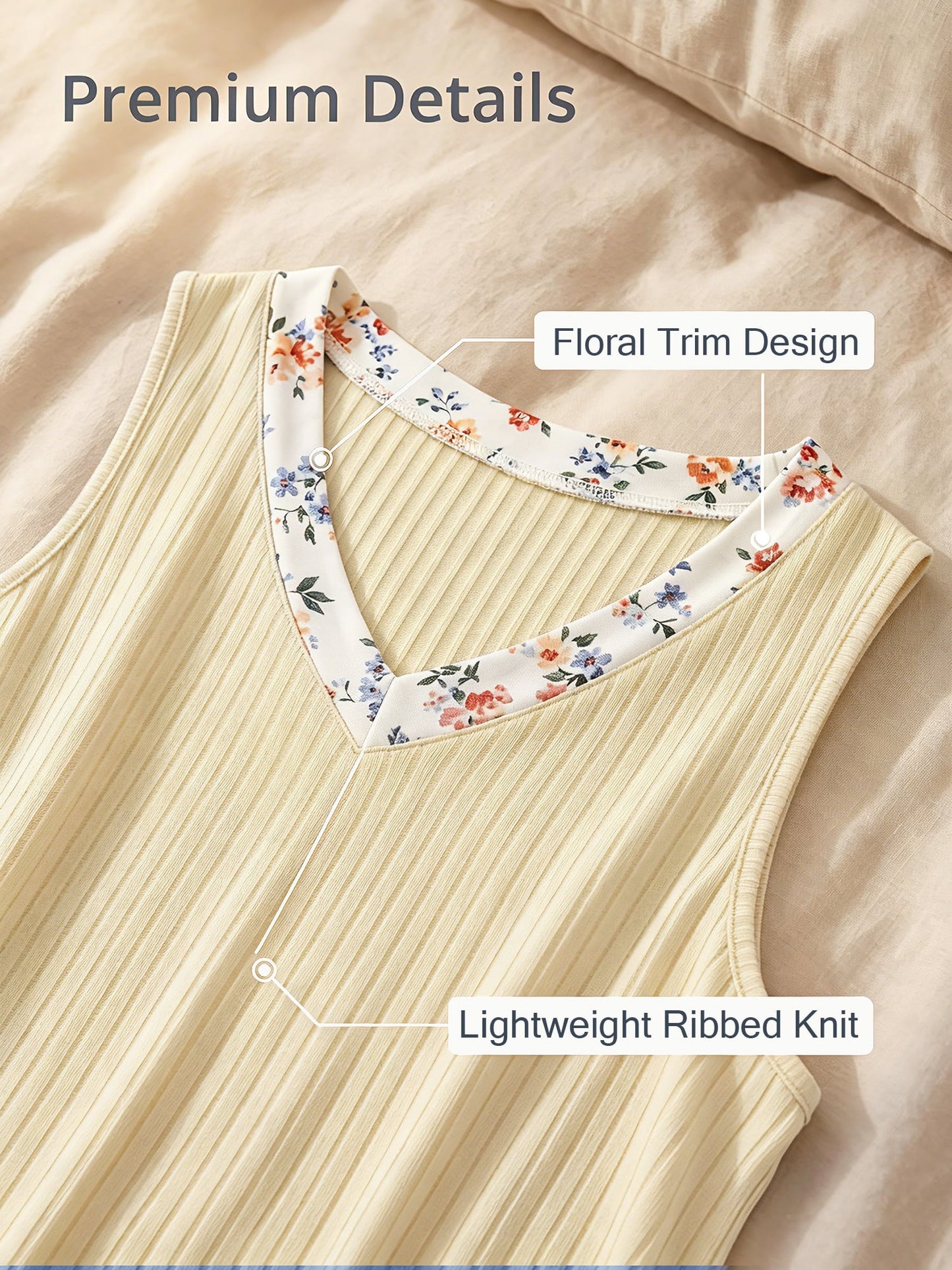 MecTo Women's Nightgown - Ice Silk Sleeveless V Neck Floral Trim Stretchy Sleepwear