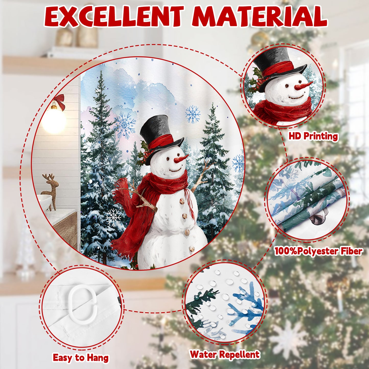 FRAMICS Christmas Snowman Shower Curtain Sets with Rugs, 16 Pcs Winter Pine Forest Deer Bathroom Sets, Waterproof Fabric Bathroom Curtain for Home Holiday Decor with Hooks