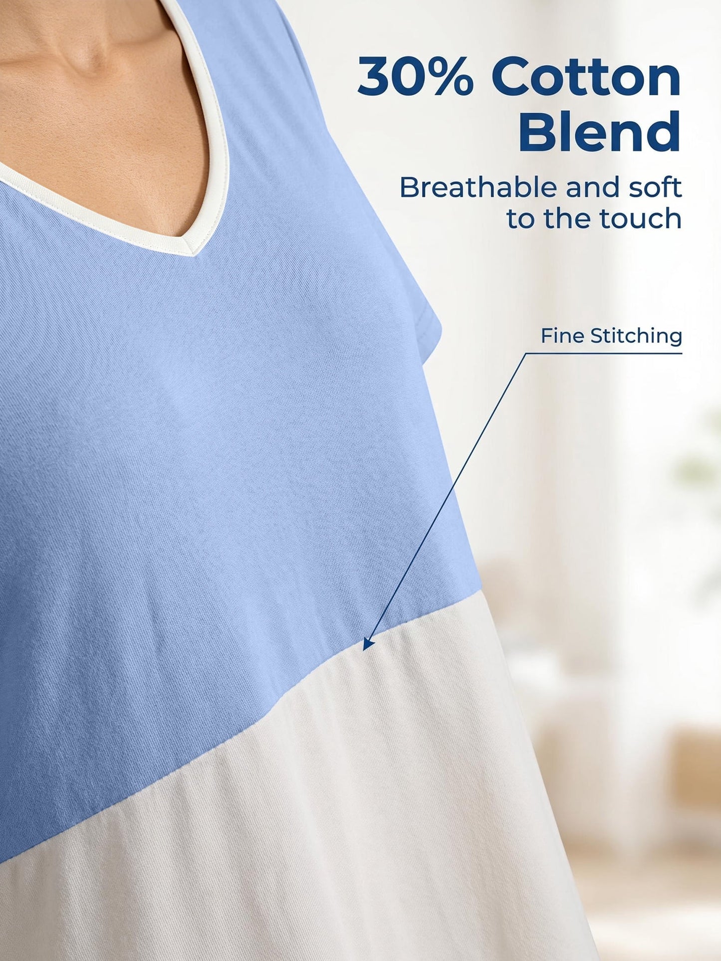 MecTo Women's Nightgown Cotton Blend Stretchy Loose Short Sleeve V-Neck Color Block Sleepwear