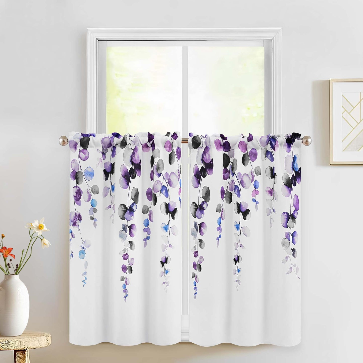 Alishomtll Valance Curtains for Living Room Bedroom Kitchen Windows Grey Purple Watercolor Leaves Print ,52 x 18 inch,Rod Pocket