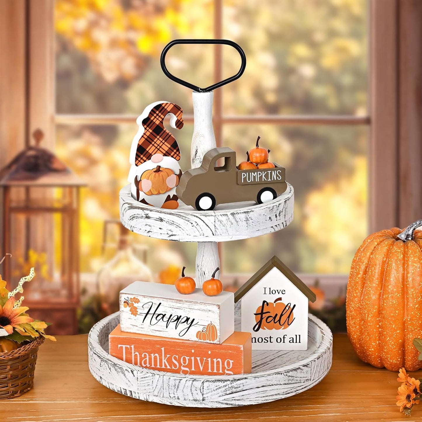 MecTo Thanksgiving Fall Truck Pumpkin Gnome Block Mantle Wooden Tabletop Farmhouse Decorations for Tiered Tray, Mantle, Desk, Bookshelf, Autumn Decor